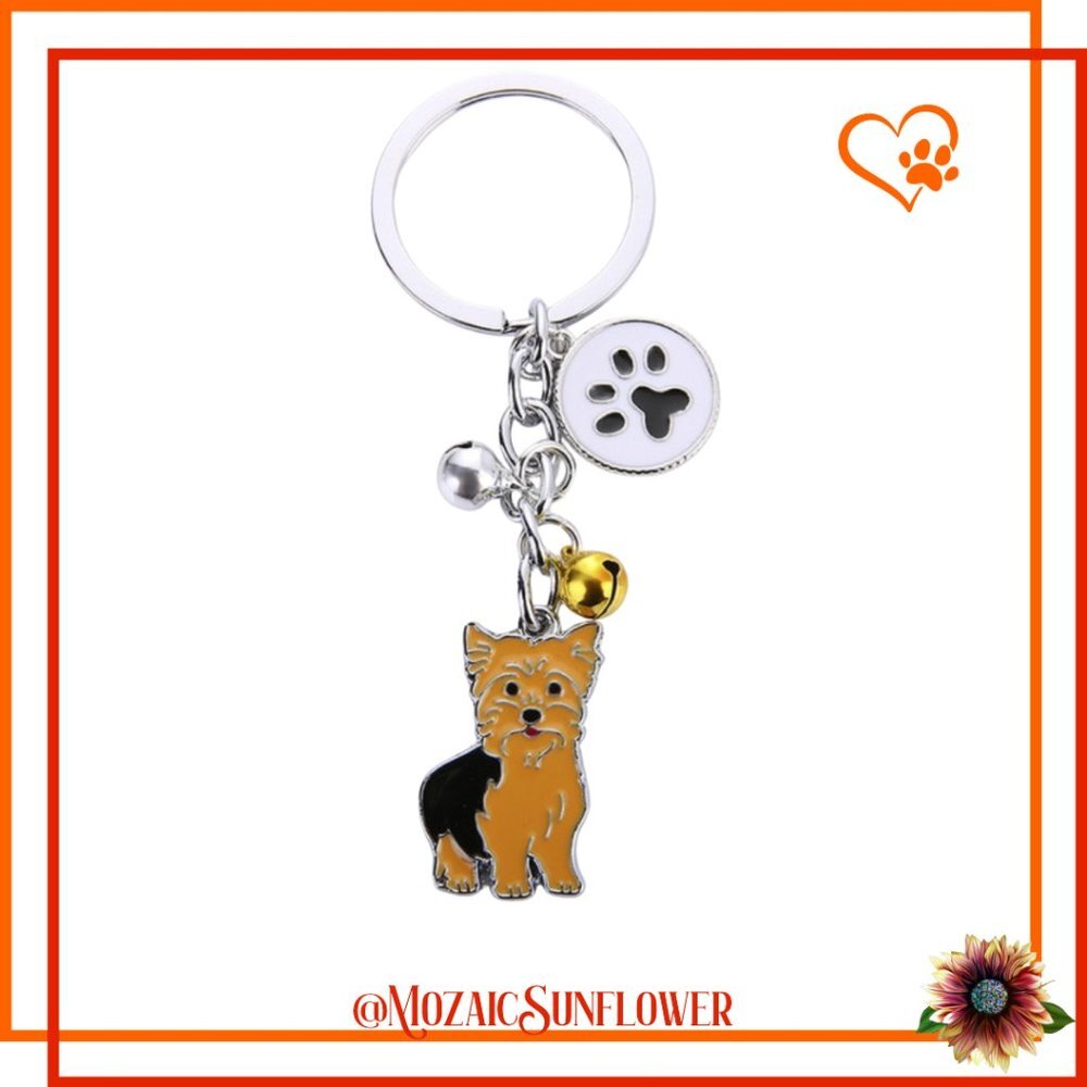 Yorkshire Terrier Metal Enamel Keychain With Paw Charm and Bells